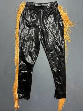 Black Faux Leather Fringe Jogger Pants - Unbranded